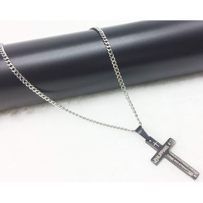 Amison Bible Verse Philippians 4:13 Cross Pendant Necklace Stainless Steel