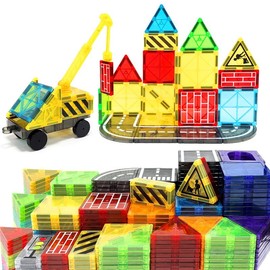 Magnetic Tiles Road Set with Magnet Crane Car Toys, Magnetic Blocks STEM Toys Creativity and Educational Construction Toys Toys for Kids Age 3-6 Birthday Gifts Random Color - pcs: 38pcs