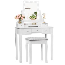 COSTWAY Vanity Desk Set with Lighted Mirror, 360° Swivel Vanity Mirror Desk with 10 LED Bulbs, Makeup Dressing Table with 5 Drawers, Vanity Table with Cushioned Stool for Bedroom, Women, Girls (White)