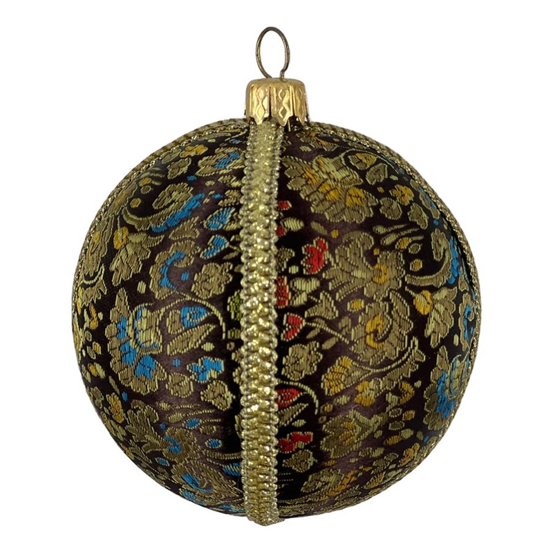 Neena Handmade Embroidered Bauble | 8cm Brown with Gold, Red,