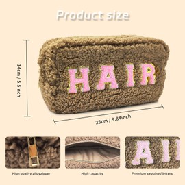 SVICCOOKQ Chenille Lettlers Plush Preppy Makeup Bag Travel Cosmetic Bag for women, Small Cute Grils Treddy Stuff Skin Care Bag with Large Toietries Storage Space for Teen Girl Purse