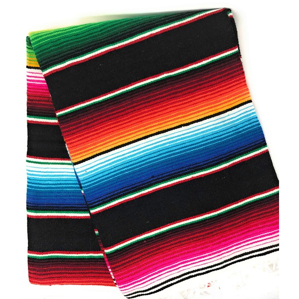 Mexitems Large Authentic Mexican Blanket Colorful Serape Blanket 7' X 5' (Pick Your Color) (Black)