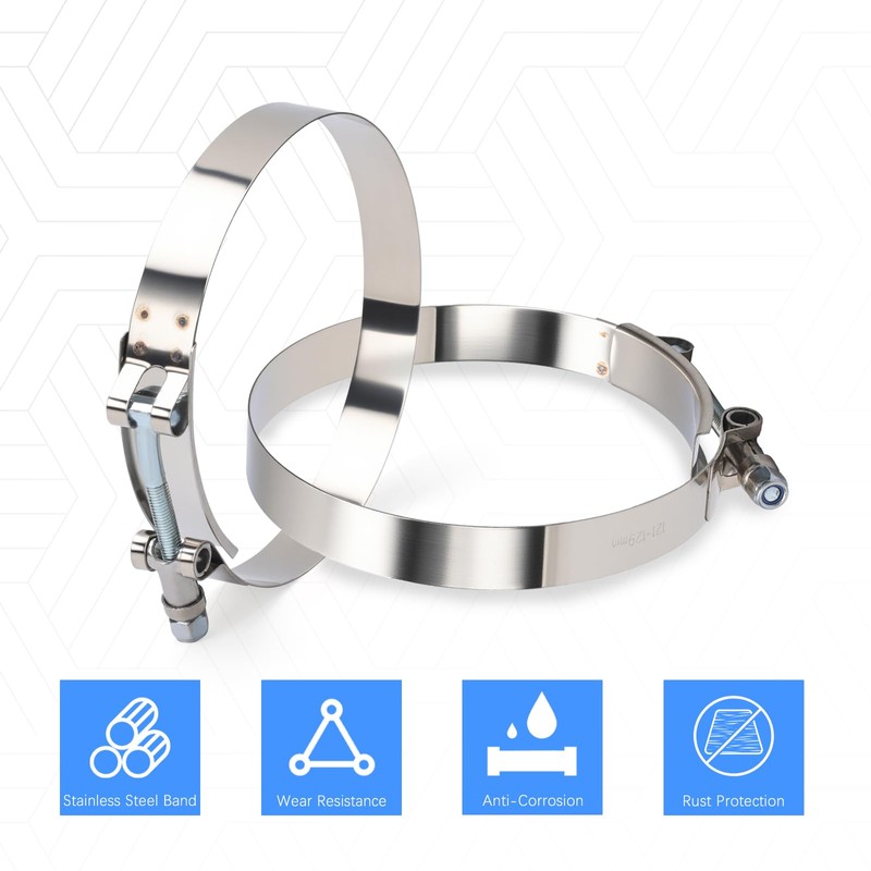 2PCS 4.5" T-Bolt Stainless Steel Hose Clamp with 121-129mm Working