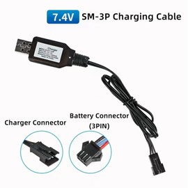 7.4V SM-3P USB Charger Cable for RC Cars Boats Toys Shark Vacuum Battery Charger Li-ion Battery Charger with 3Pin Plug (2PCS)