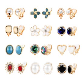 NEWITIN 12 Pairs Clip On Earrings for Women Cute Earring Crystal Pearl Stud Charming Fashion Earring Non Piercing Clip on Stud Earrings for Women