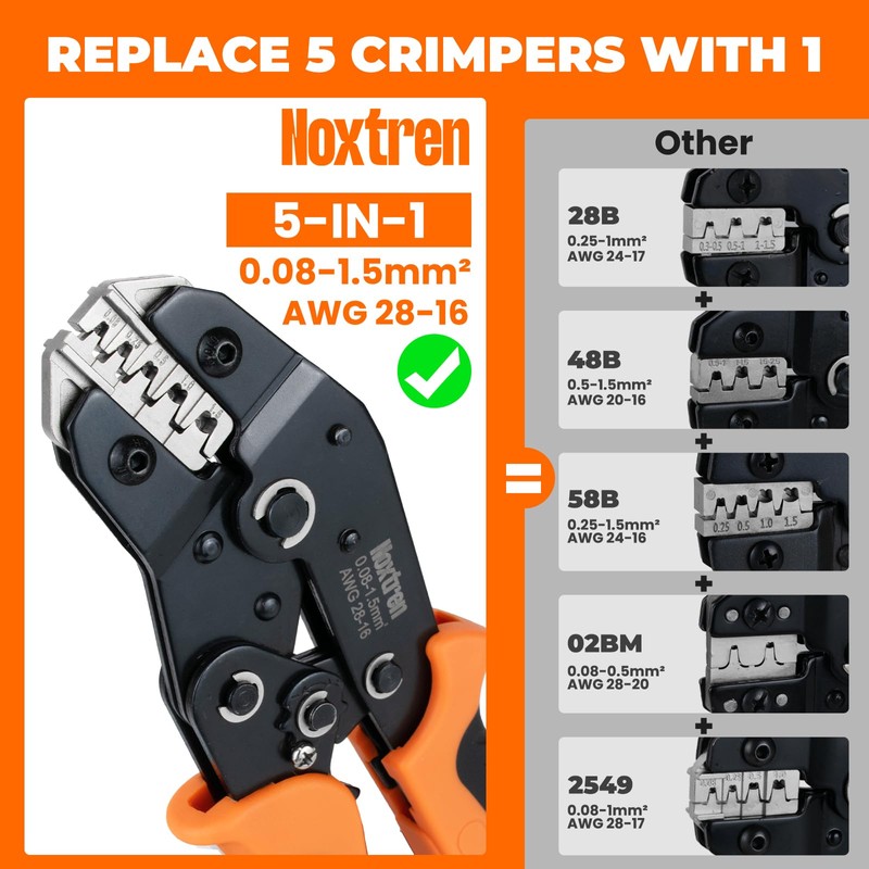 Noxtren 5-in-1 Wire Crimping Tool, AWG 28–16 Ratcheting Crimper for