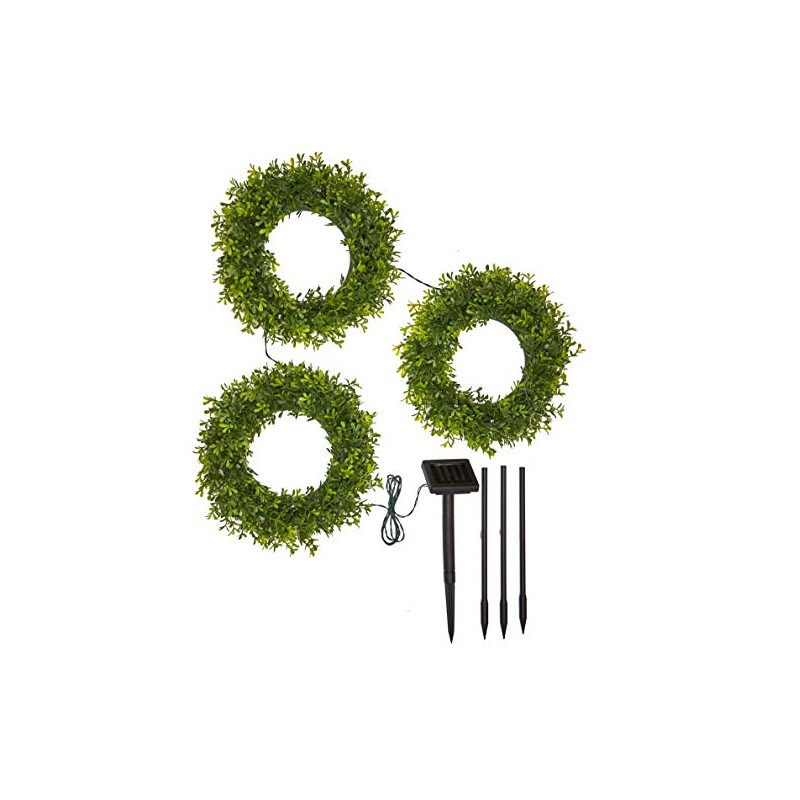 Outdoor Solar Lighted Faux Wreath Trio with Garden Power Stake