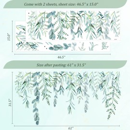 VePret Green Hanging String of Willow Wall Decals Peel and Stick, Large Plants Vinyl Wall Stickers, Removable Vine Home Decor Art for Bedroom Living Room Classroom Office