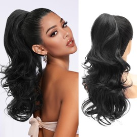 NAYOO Claw Clip Ponytail Extension Black 18" Long Wavy Ponytail Clip in Hair Extensions for Women Curly Natural Layered Pony Tails for Short Thin Hair Synthetic Hairpiece(Black)