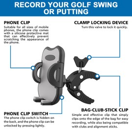 ONHAWKS-Golf Cart Cell Phone Holder Record Swing and Putting Accessories| Selfie Putter Training Aid Works with Any Golf Bag, Club and Alignment Sticks
