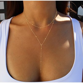 Tewiky Long Gold Necklace for Women, Layered Lariat Necklaces 14k Gold Plated Dainty Drop Necklaces for Women Trendy Simple Non Tarnish Chain Necklace Statement Y-Shaped Jewelry Gift Wedding GD3A