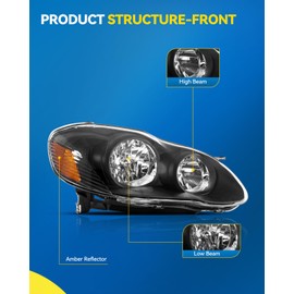 PHILTOP Headlight Assembly for 2003-2008 Corolla, Black Housing with Amber Reflector and Clear Lens, OE-Style Replacement Pair