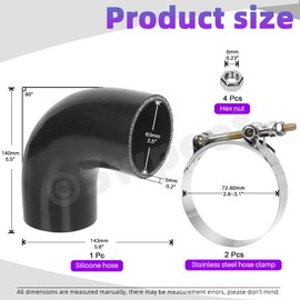 Swpeet 7Pcs 2.5 Inch - 63mm 90 Degree Elbow 4-Ply Reinforced Silicone Hose with 72-80mm T Bolt Hose Clamp and 6mm Hex Nut Kit, Automotive Pure Silicone Hose for Turbo Intake Intercooler