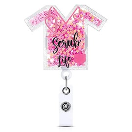 Skaworth Designs Glitter Scrub Life ID Badge Reel - RN Retractable Holder with Alligator Clip for Hospitals Doctors and Office Staff, Pink Confetti, Small