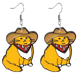 Cowboy Cat Earrings for Women - Funny & Unique Novelty Acrylic Dangle Earrings, Quirky Funky Design, Silly & Wacky Earrings for Fun Lovers