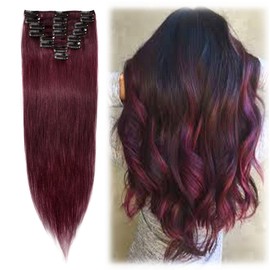 Benehair Clip In Hair Extensions Seamless Light Clip on Real Hair Weft 8pcs 14inch Remy Human Hair Extensions Silky Straight Natural Hair Extensions Real Human Hair Wine Red