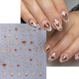 Gold & Silver Nail Decals - Sun Moon Pendants, Love Heart, Retro Stars & Lines - 3D Self-Adhesive DIY Nail Art Accessories (7 Sheets)