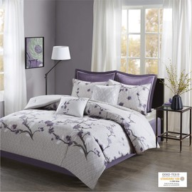 Madison Park Cozy Comforter Nature Scenery Design All Season, Matching Bed Skirt, Decorative Pillows, Cal King(104"x92"), Purple 8 Piece