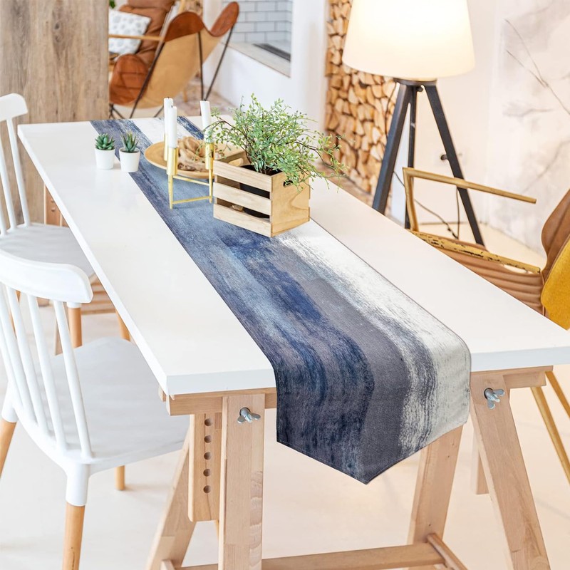 Blue and Grey Abstract Modern Art Table Runner 13x108 Inch,