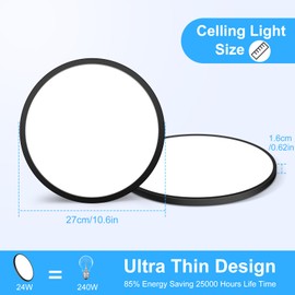 24W Black LED Flush Mount Ceiling Light Fixture, 3000K Warm White, 2000LM, Flat Modern Round Lighting Fixture, 240W Equivalent White Ceiling Lamp for Kitchens, Stairwells, Bedrooms.etc. 10.6"