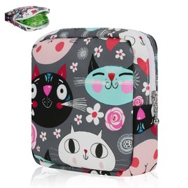 Desing Wish 1 x Sanitary Napkin Bag, Period Bag, Small Cosmetic Bag for Girls, Tampon Storage, Small Bag with Zip, Wet Bag, Small, Grey cat, 1 piece, sanitary pads bag periods