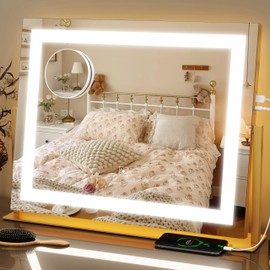 FENNIO Vanity Mirror with Lights 22''x18'' Makeup Mirror with Lights,Lighted Makeup Mirror with 10X Magnification and USB，Smart Touch Screen with 3-Color Lighting,Dimmable（Square Gold）