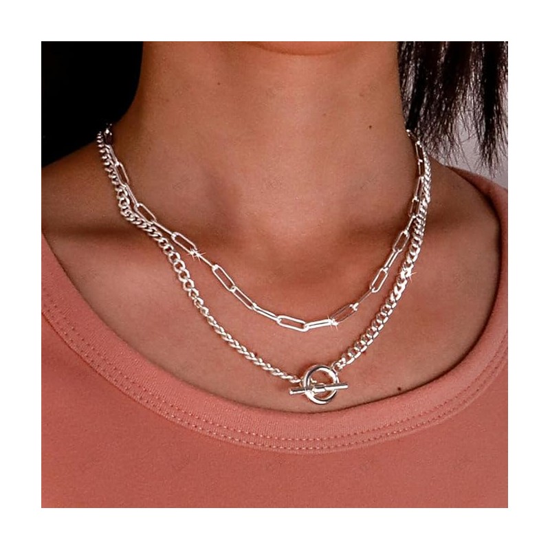 Layering Necklace for Women Stacked Chunky Link Chain Necklace Geometric