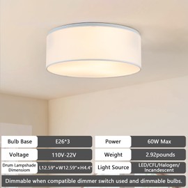 Luupyia 3-Lights Drum Ceiling Light Fixture 12.6 Inches, White Semi Flush Mount Ceiling Lighting with Fabric Drum Shade, Farmhouse Chandeliers for Bedroom, Hallway, Entry, Foyer E26 60W