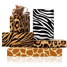 Jungle Animal Fur Paw Skin Print Wrapping Paper Paper 4 Foled Flat 50x70cm Sheets in 4 Designs With 22m Silk Ribbon, Giraffe Tiger Zebra Leopard Gift Wrap For Wild Baby Shower Birthday Wedding Party