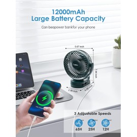 Camping Fan with Remote Control - 12000mAh Rechargeable Battery Powered Fan, Camping Fans for Tents with LED light & Hanging Hook, Rechargeable Battery Operated Ceiling Fans for Tent RV Bed, Green