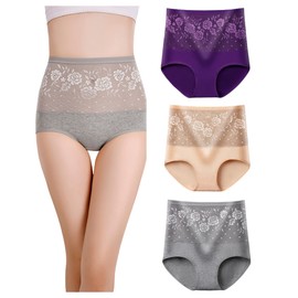 marysgift Women's Full Briefs Ladies Pants - 3 Pack Solid Colour Floral Lace High Waisted Patchwork Panties Cotton Bikini Knickers Underpants XL UK 12 14 AK3