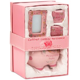 BRUBAKER My First Piggy Bank Gift Set for Baby Boy - 4 Pcs Keepsake Gift Set includes Piggy Bank, First Curl, First Tooth and Photo Frame - Pink - French (Français)