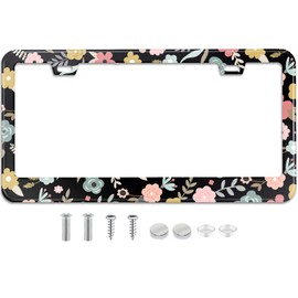 Black Cute Cartoon Floral License Plate Frame Colorful Flowers Stainless Steel License Plate Holder Auto Parts Decoration with Screws License Plate Holder 12x6 Inch for Women Gift Car Accessories