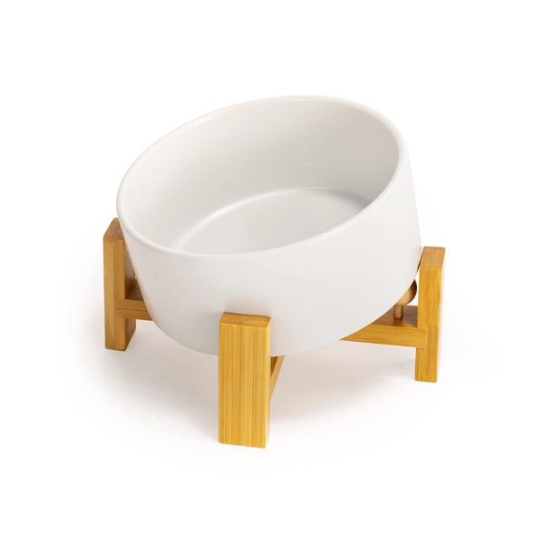 SPUNKYJUNKY 15° Slanted Ceramic Dog and Cat Bowl with Wooden