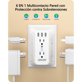LENCENT Cargador de Pared USB 1875W, Protector de Sobretensión, Extensor de Enchufe de 6 Salidas con 3 Puertos USB, Multicontacto Enchufe Pared para Hogar, Oficina, Cocina, Dormitorio, Listado ETL
