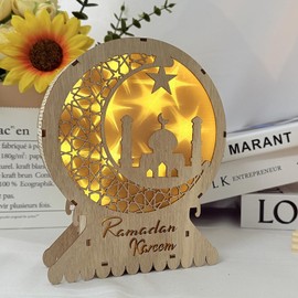 DONGZQAN Ramadan Decorative Lantern, 3D Moon and Stars Eid Mubarak Lantern, Wooden LED Lamp for Ramadan Festival Decoration