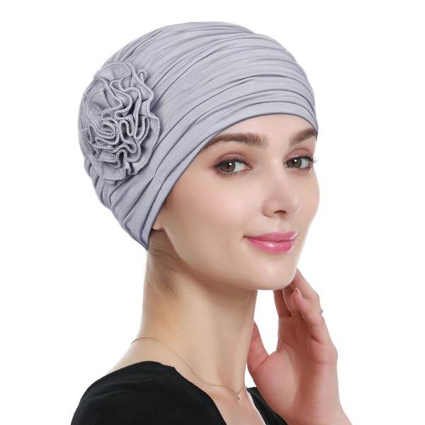 Flower Design Hair Loss Caps Chemo Headwear Against Cancer for Women, Light grey