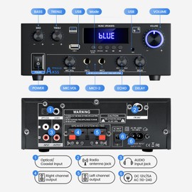 AK55 Stereo Home Audio Amplifier with 5.0 Bluetooth Receiver, Max 450W Bluetooth HiFi Stereo Power Amplifier 2.0 Channel RMS 70W x 2 Home Stereo System Remote Control Amp W/MIC,USB, RCA,FM Radio