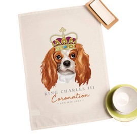 SMARTYPANTS Crowned Dog King Charles III Tea Towel - Royal Coronation His Majesty The King Crown Classic Celebration Commemorative Memorabilia Home Decor Kitchen Cloth (Natural)