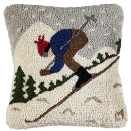 Chandler 4 Corners Artist-Designed Downhill Skier Hand-Hooked Wool Decorative Throw Pillow (14” x 14”) Ski Pillow for Couches & Beds - Easy Care Low Maintenance - Winter Pillow for Cabins & Lodges
