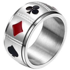 JewelryWe 10MM Poker Spinner Ring Ace Spades Playing Card Rotatable Fidget Anxiety Relief Ring Mens Stainless Steel Bands,Silver Tone(US 10)