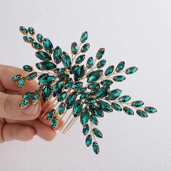 Teyglen Full Peacock Green Rhinestone Wedding Hair Comb Crystal Headpiece