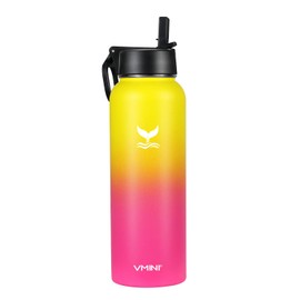 Vmini Water Bottle with Straw, Wide Rotating Handle Straw Lid, Wide Mouth Vacuum Insulated Stainless Steel Water Bottle, Gradient Yellow+Pink, 40 oz