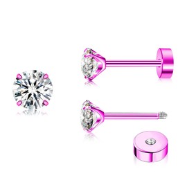 ZDE Titanium Women Flatback Earrings Cubic Zirconia Silver Stud Earrings Flat Back CZ Hypoallergenic Cartilage Flatback Earring Helix Tragus Conch (Pink, 5MM)
