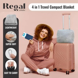 12BOTTLE 4 in 1 Travel Compact Blanket Pillow Super Soft Velvet with Luggage Sleeve and Backpack Clip, Gray, 60"W x 45"H by Cozy Throw Blanket for Home, Office, Travel by REGAL ESTATE