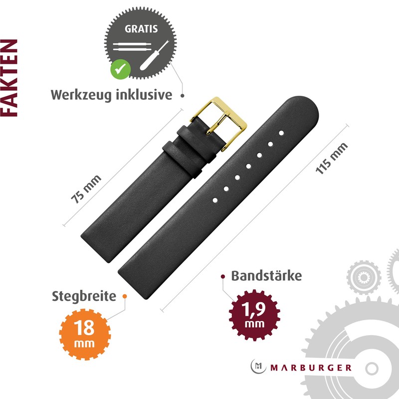 Smooth Leather Watch Strap 18 mm Black with Spring Bars