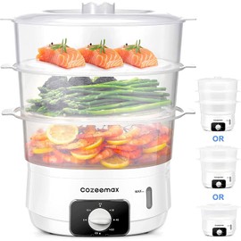 Cozeemax 3 Tier Electric Food Steamer for Cooking, 13.7QT Vegetable Steamer for Fast Simultaneous Cooking, Veggie Steamer, Food Steam Cooker, 60 Minute Timer, BPA Free Baskets, 800W(White)