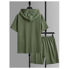 GORGLITTER Men's Summer Outfits 2 Piece Short Sleeve Hooded Tank Top Drawstring Waist Shorts Set Tracksuit 2025 Army Green X-Large
