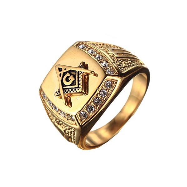 PMTIER Men's Cubic Zirconia Masonic Freemason Gold Plated Stainless Steel