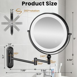 9" Wall Mounted LED Lighted Makeup Vanity Mirror - 4000mAh Rechargeable Double Sided 1X/30X Magnifying Mirror, 3 Color Lights Touch Dimmable, Height Adjustable Extended Arm 360° Swivel Bathroom Mirror